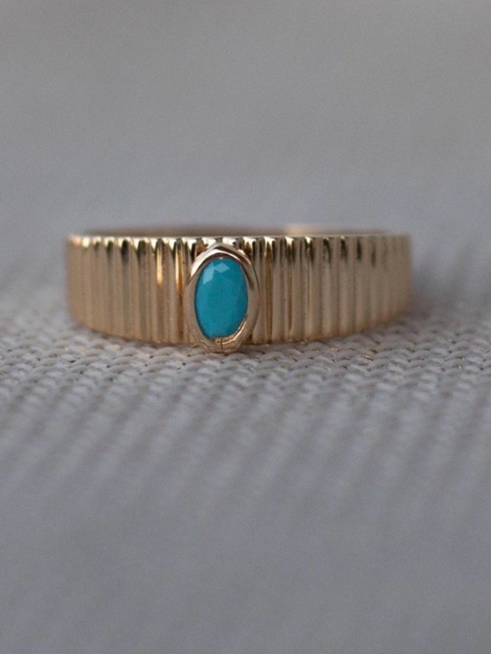 Solid Yellow 10k Gold Ribbed Ring with Turquoise Stone